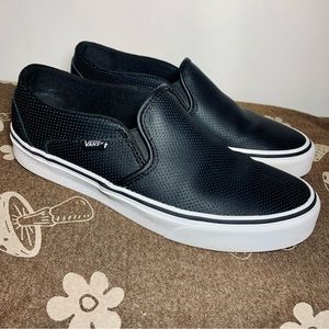 Black Leather Vans Slip On Skate Shoes- Womens 8